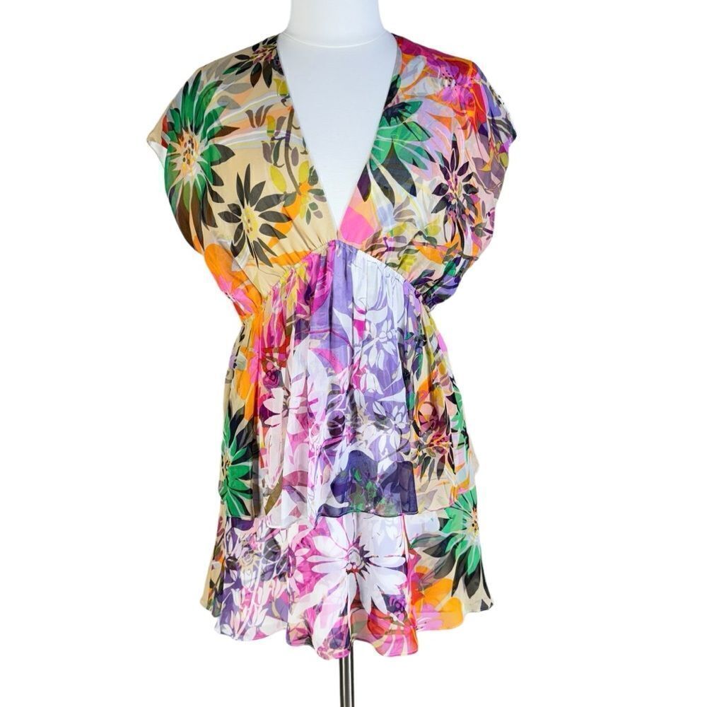Ali Ro Floral Silk Flounce Dress V-Neck Drop Shoulder Two Tier Tropical 8